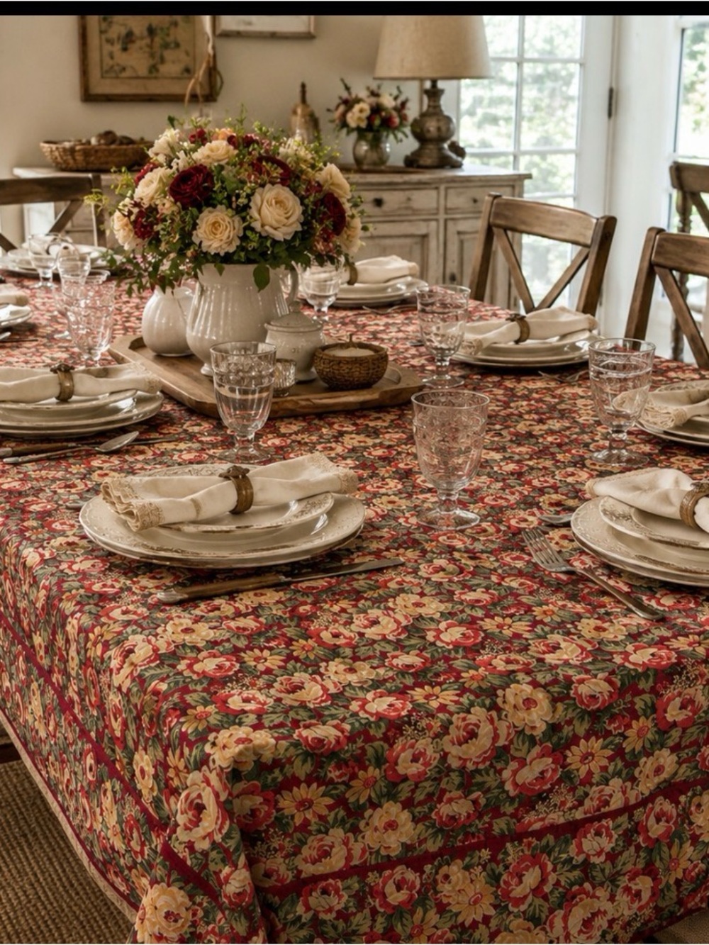 April Cornell vintage 86”x59” Floral Cotton Tablecloth in Red and Cream